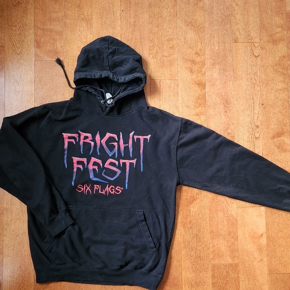 Fright Fest Six Flags Men's Sz M Black Draw String Clown Hoodie Sweatshirt - Picture 2 of 4